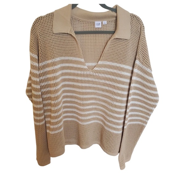GAP Sweaters - GAP Relaxed Cotton Tan and White Striped Crochet Collar V-Neck Sweater XL